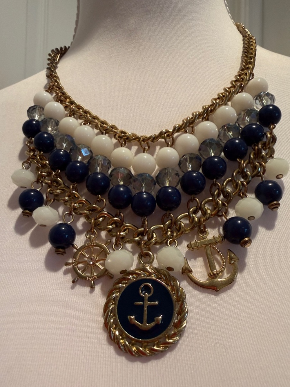Sarah Coventry Navy, White & Gold NauticalThemed  Charm Bib Necklace